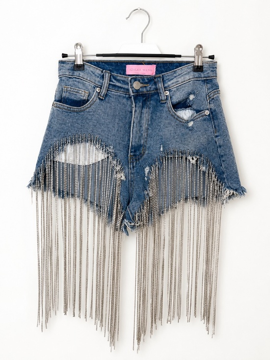 Azalea Wang Pants - Azalea Wang Rhinestone Fringe Denim Shorts Size S Distressed Festiva